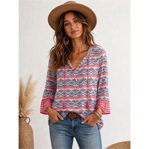 Anthropologie Rock Paper Flower Striped Boho V-Neck Tassel Tunic - Orange & Navy